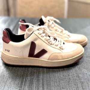 Veja V-12 White and Burgundy Sneakers